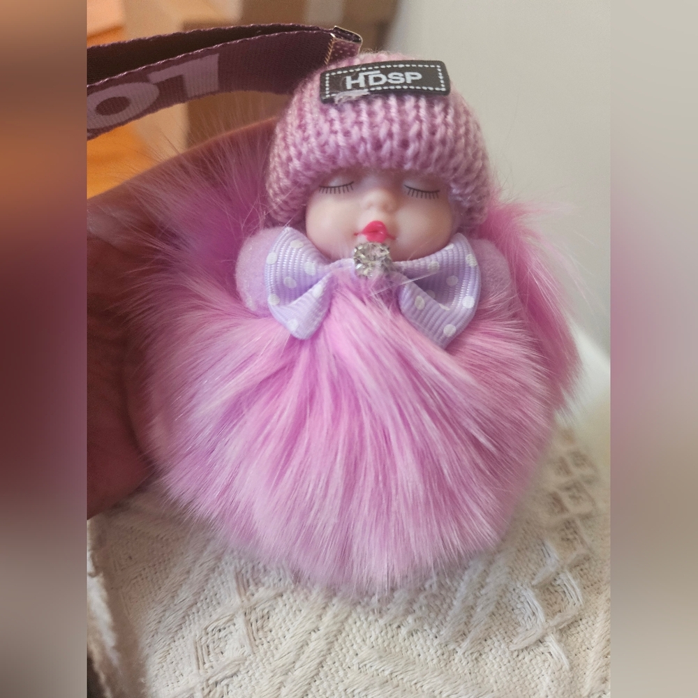 Pinkish Purple Plush Sleeping Pom Baby Doll Keychain Or Bag Charm